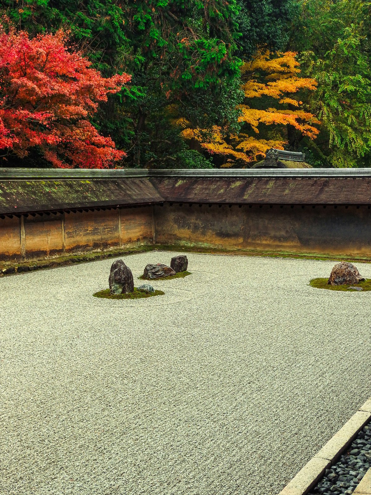 Zen rock garden with autumn maple leaves at Ryoan-ji, Kyoto